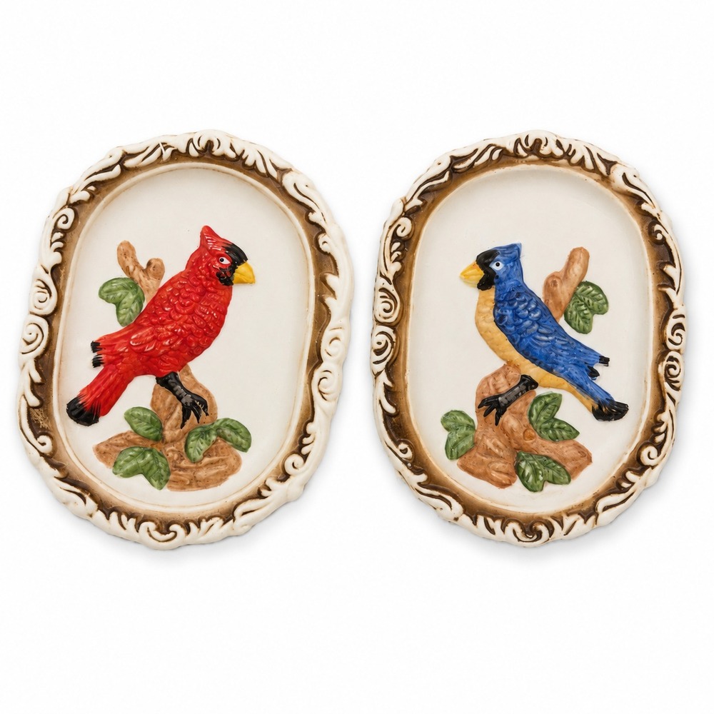 Vintage Ceramic Bird Wall Plaques Set of 2 Cardinal Blue Jay Oval Relief Art
